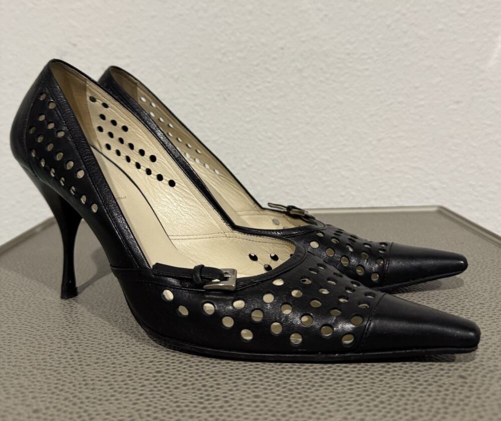 PRADA Y2K Pumps Heel Leather Black Point Toe Cutout Sz 37.5 / 7.5